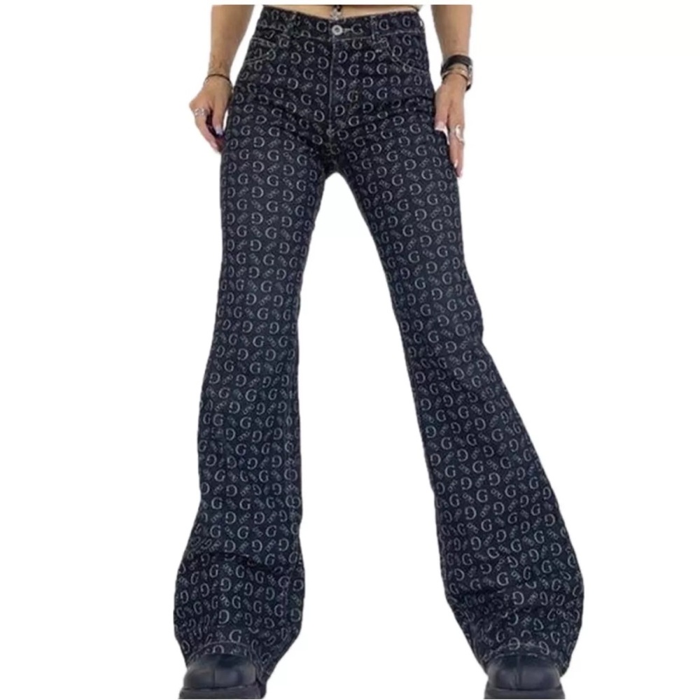 Guess 90’s Style Allover Monogram Print Flare Dark Blue Mid Rise Jeans Womens 29